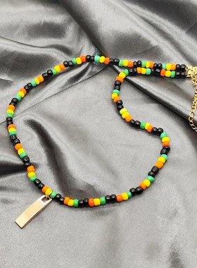 郑润泽同款黑橙黄绿彩珠金牌项链