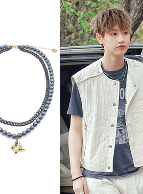 NTO1AK刘彰同款黑色钢链玛瑙金蝴蝶双层项链男女珍珠国潮时尚饰品