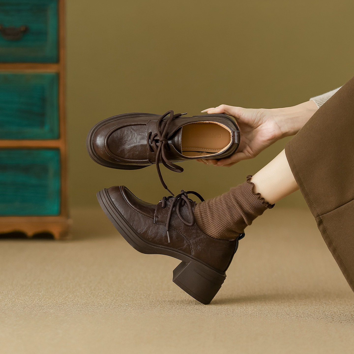 羊皮版~棕色高跟小皮鞋女2025秋冬新款增高单鞋英伦风厚底乐福鞋,淘宝优惠券,粉丝福利购,淘宝优惠卷