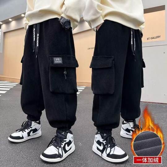 儿童装男童加绒加厚裤子秋冬款灯芯绒一体绒2025新款冬季运动裤潮