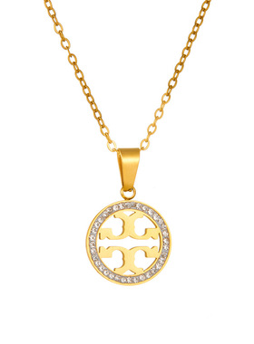 欧美热销圆牌白钻女款时尚镂空钛钢耳钉项链套装精致