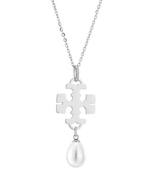 汤家吊坠项链耳钉钛钢双T带白珠吊坠女款套装设计欧美潮流跨境