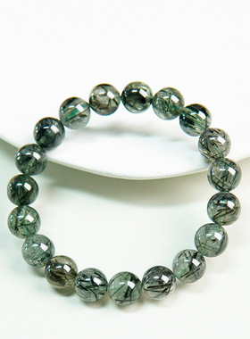 晶翼水晶天然猫眼绿发圆珠手串时尚绿猫眼顺发绿发晶素圈手链