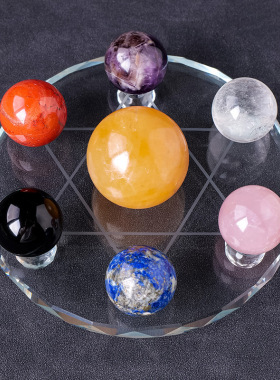 黄水晶球七星阵聚宝盆五行水晶球家居玄关办公室摆件开业装饰礼品