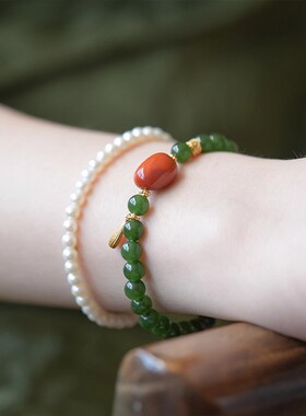 《小青蛇》天然和田玉碧玉菠菜绿色南红手串女款串珠手链翡翠玉石
