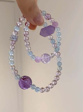 简约通透薰衣草紫圆珠手链女小众设计百搭显白紫水多宝转运珠手串