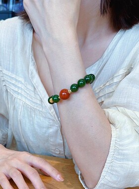 天然俄罗斯碧玉圆珠单圈手链和田玉菠菜绿玉手串搭配南红玛瑙串珠