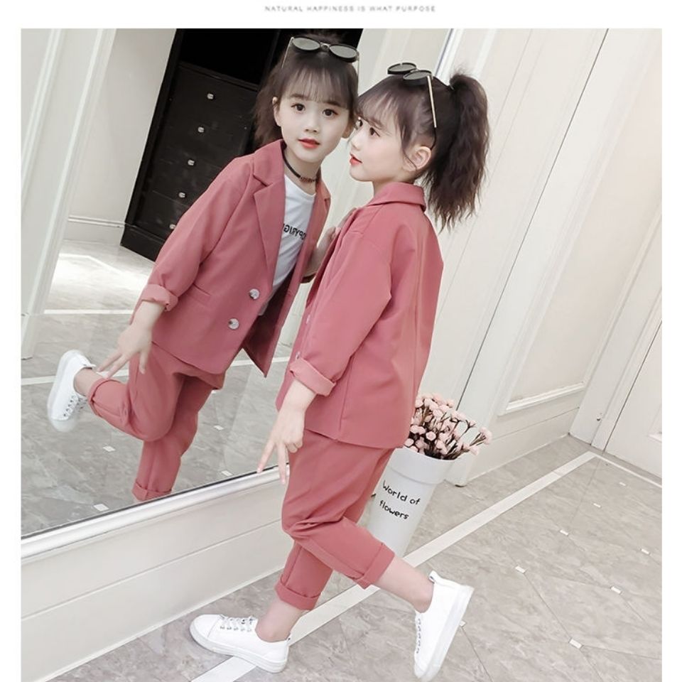 女童西服两件套2021韩版洋气秋装新款中大童网红时髦西装两件套装