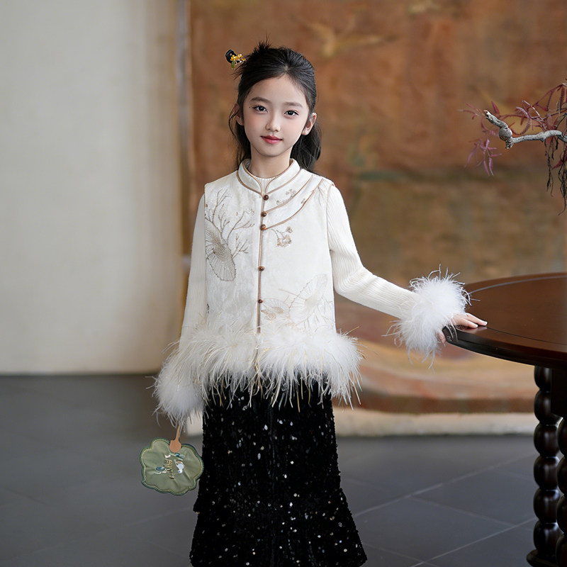 80962国风高级感女童汉服马甲新中式背心26年新年衣服毛边拜年服,淘宝优惠券,粉丝福利购,淘宝优惠卷