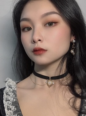 choker金色桃心丝绒水滴锁骨链