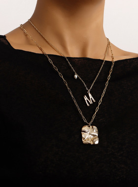 双层异形字母吊坠项链女