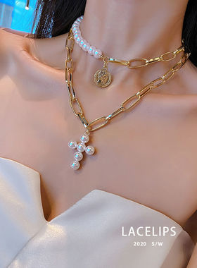 叠戴十字架珍珠项链女双层项圈