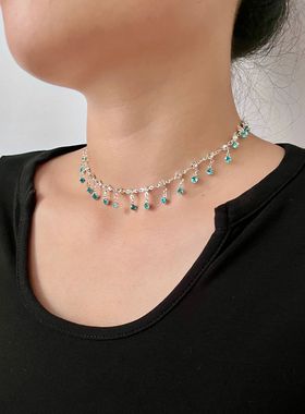 流苏蓝色水钻项链流苏锁骨链女