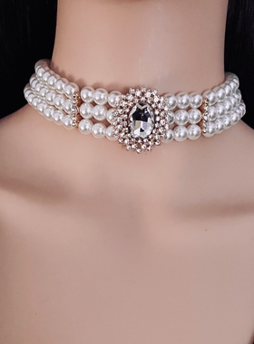 水晶镶钻多排珍珠项链女