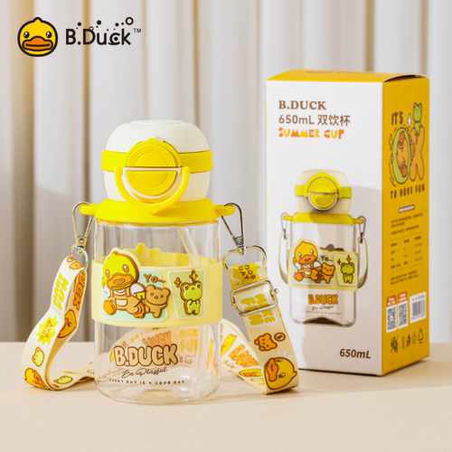 B.Duck小黄鸭x曙曦官方儿童吸管杯双饮口可调节背带便携水杯650ml - 图2
