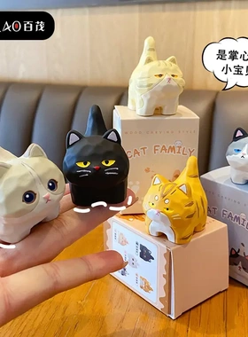 百茂原创木雕风站姿喵喵树脂公仔摆件可爱布偶创意家居桌面装饰品