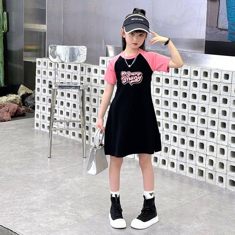 女童夏装短袖连衣裙2025夏季新款洋气撞色甜美公主儿童T恤中大童,淘宝优惠券,粉丝福利购,淘宝优惠卷