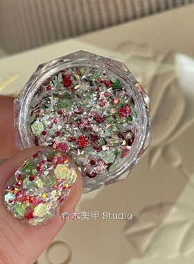 QINGMU青木美甲亮片圣诞特辑可爱圆点点高闪红绿撞色节日闪粉
