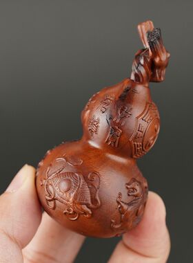 雷击枣木四神兽龙头葫芦把件实木雕刻八卦福禄文玩工艺品