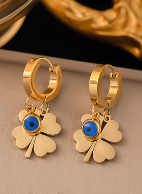 跨境欧美雕刻花不掉色蓝眼睛爱心花朵四叶草吊坠不锈钢项链首饰品