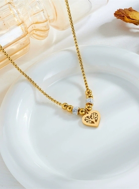 欧美时尚钛钢生命树爱心吊坠个性简约镀金串珠链条项链