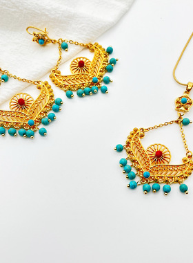 新款精致新疆西藏民族风镶珠镀金项链耳环饰品两件套厂家直销