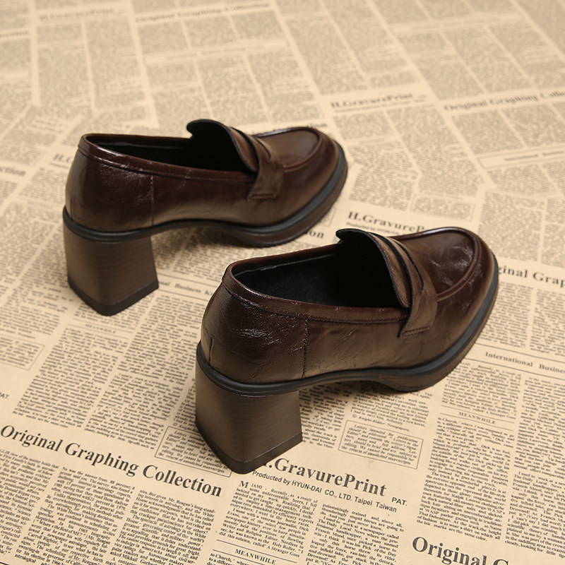 深口单鞋女真皮高跟静音软底不累脚小皮鞋英伦风复古厚底乐福鞋,淘宝优惠券,粉丝福利购,淘宝优惠卷