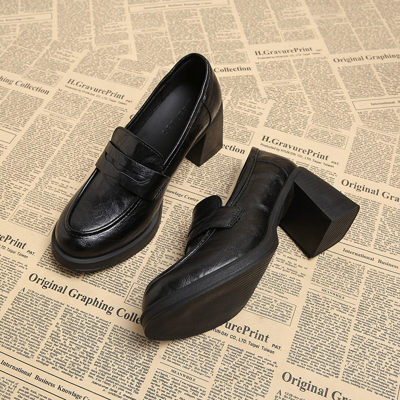 深口单鞋女真皮高跟静音软底不累脚小皮鞋英伦风复古厚底乐福鞋,淘宝优惠券,粉丝福利购,淘宝优惠卷