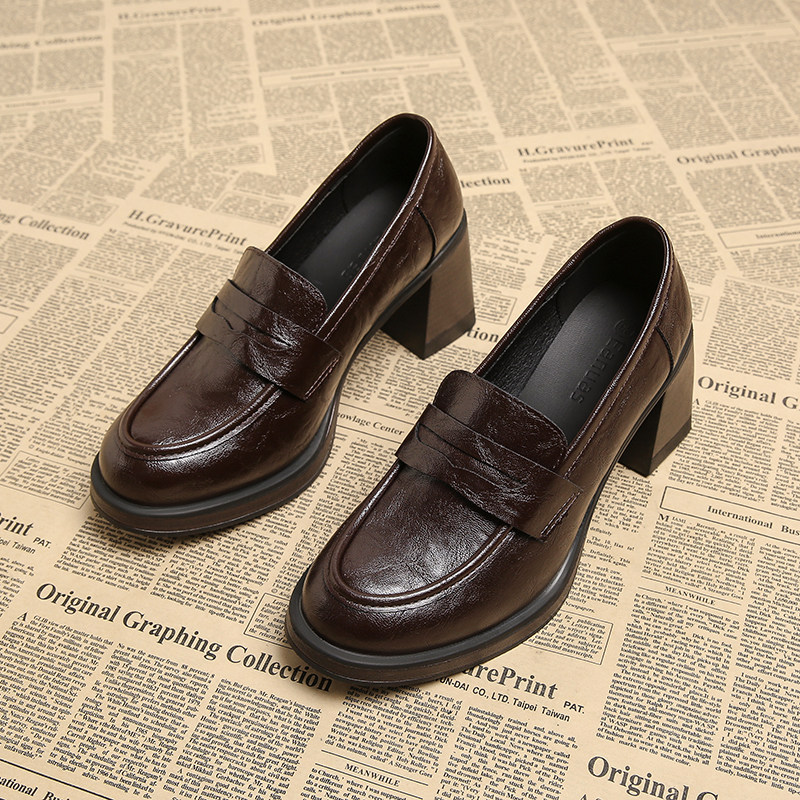 深口单鞋女真皮高跟静音软底不累脚小皮鞋英伦风复古厚底乐福鞋,淘宝优惠券,粉丝福利购,淘宝优惠卷