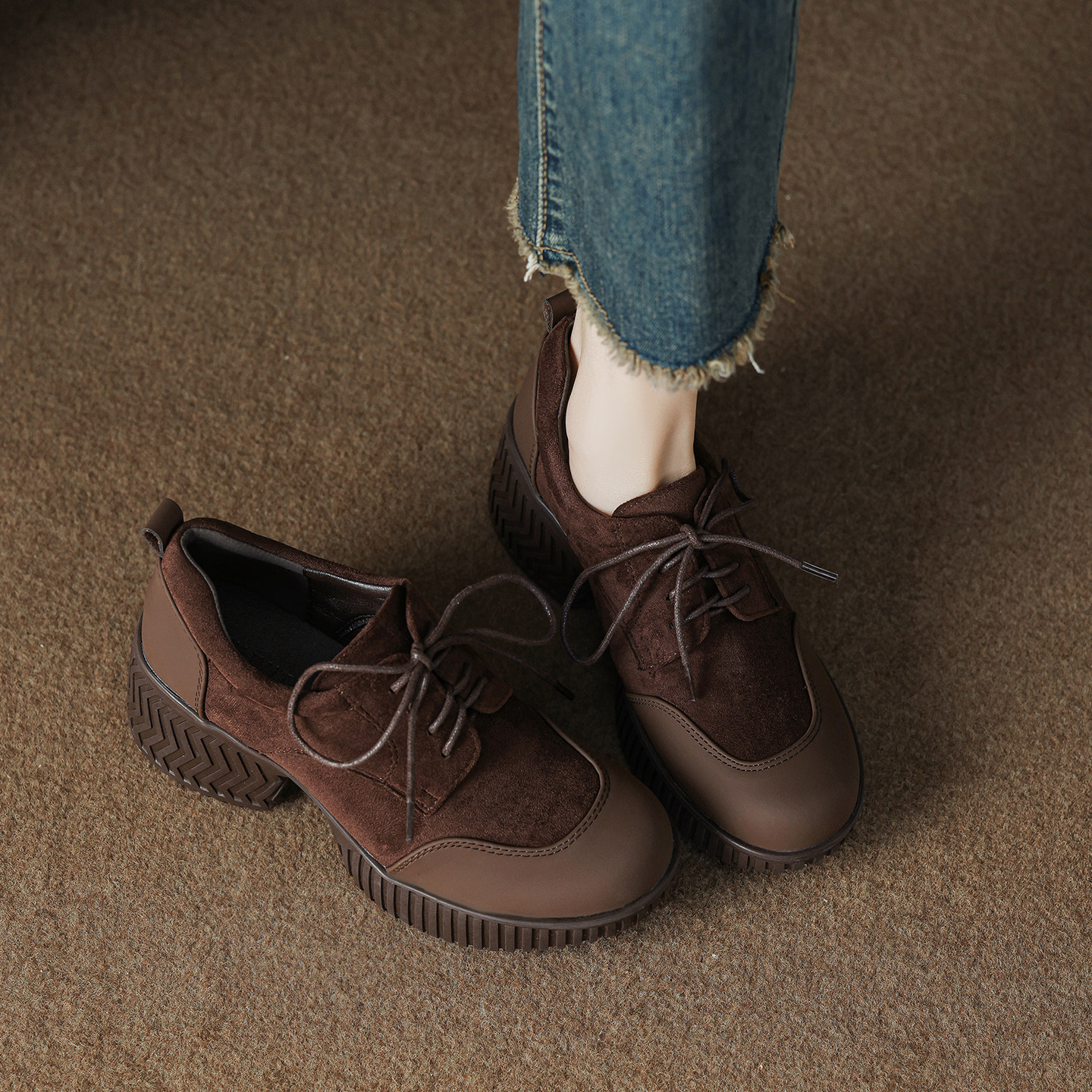 牛皮版~7.5cm复古小个子厚底圆头系带磨砂拼接通勤百搭深口单鞋,淘宝优惠券,粉丝福利购,淘宝优惠卷