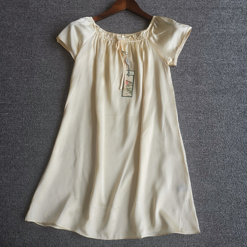 新品100重磅真丝素绉缎睡衣女夏短袖圆领松紧折褶款睡裙桑蚕丝