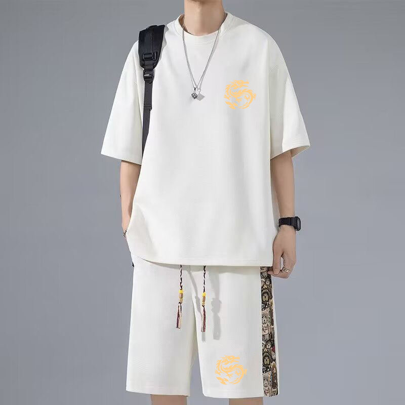 夏季中国风休闲套装大码华夫格短袖t恤男士国潮运动五分裤两件套,淘宝优惠券,粉丝福利购,淘宝优惠卷