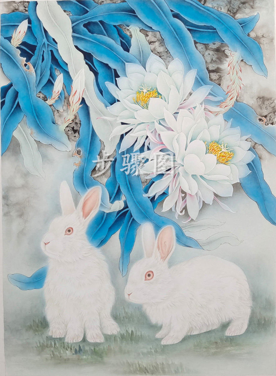 高清工笔画素材四尺斗方兔子昙花鸟工笔画白描底稿线稿可直接上色 - 图2