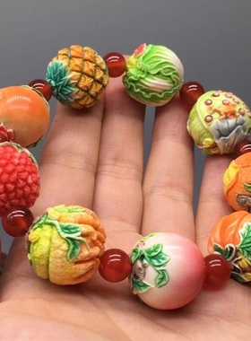 天然根付 八宝手串 纯手工精雕 彩绘佛珠 念珠串手链搭配