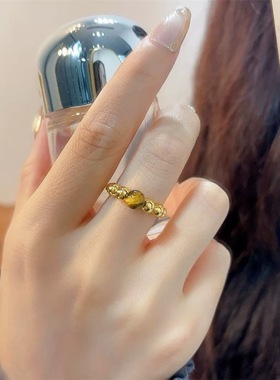 S925银精工高级感美拉德风镶虎眼石麻花光面戒指轻奢百搭戒子指环