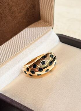 通体S925纯银中古豹纹黑色滴油香槟金斑点珐琅戒指高级感电镀厚金