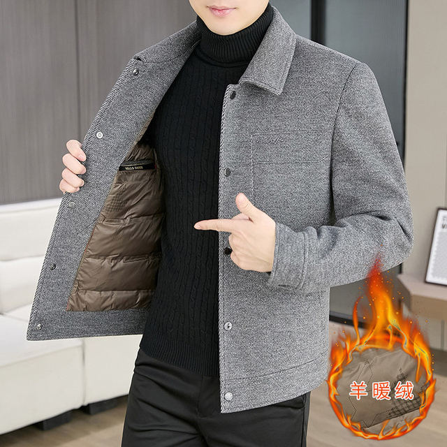 Winter light luxury lapel woolen jacket for men, velvet, thickened and warm, Korean style casual short woolen coat