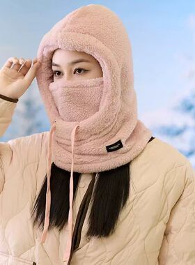 冬季保暖口罩围脖一体帽子女滑雪加绒加厚套头帽护耳防风棉帽骑车