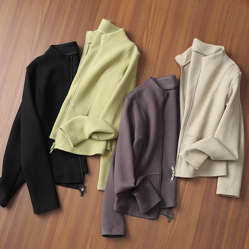 淘么淘 立马小蛮腰 立体剪裁修身显瘦磨毛双拉链立领卫衣外套新款 - 图1