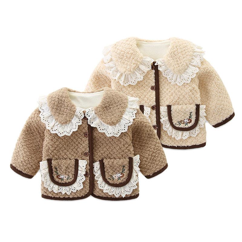 保暖女童加绒外套秋冬2025新款洋气娃娃领蕾丝边加厚上衣宝宝冬装,淘宝优惠券,粉丝福利购,淘宝优惠卷