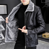 Winter mens leather jacket thickened with velvety uptrend handsome mens clothing leather hair integrated jacket Youth PU leather jacket