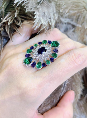 孔雀绿小众设计长形宽版戒指