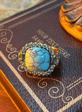 古董杂做旧铜材质戒指中古vintage松石镶嵌镂空珍珠雕刻开口戒指