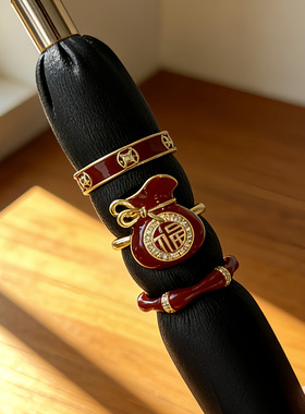 国潮风新年红色福袋铜钱轻奢气质开口戒指女高级感叠戴甜酷食指戒