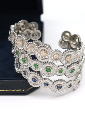 意大利18k小雏菊手镯女 新款开口镀金镶钻布家轻奢高级感祖母绿