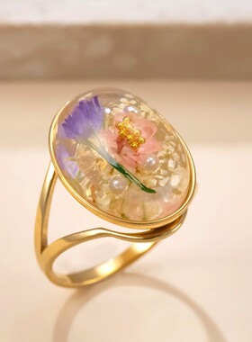 滴胶永生花戒指女士钛钢饰品