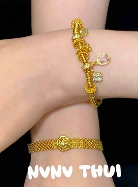 古法花丝点钻花窗金刚杵手镯 新中式 龙心繁花盘缠手串 套装