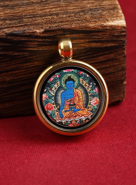 藏式编绳1.5圆形小唐卡吊坠财眼五路财神扎基拉姆药师佛手链项链