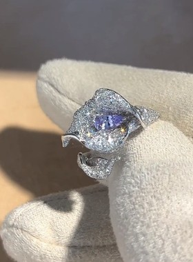 冷紫色开口花朵爆闪碎钻戒指百搭
