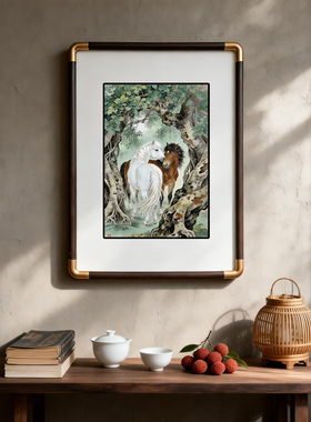 四九艺社 景德镇新中式双骏图瓷板画 马到成功客厅玄关书房装饰画